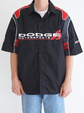 Dodge Motorsports Black Red Racing Pit Crew Button Front Work Shirt NASCAR Large